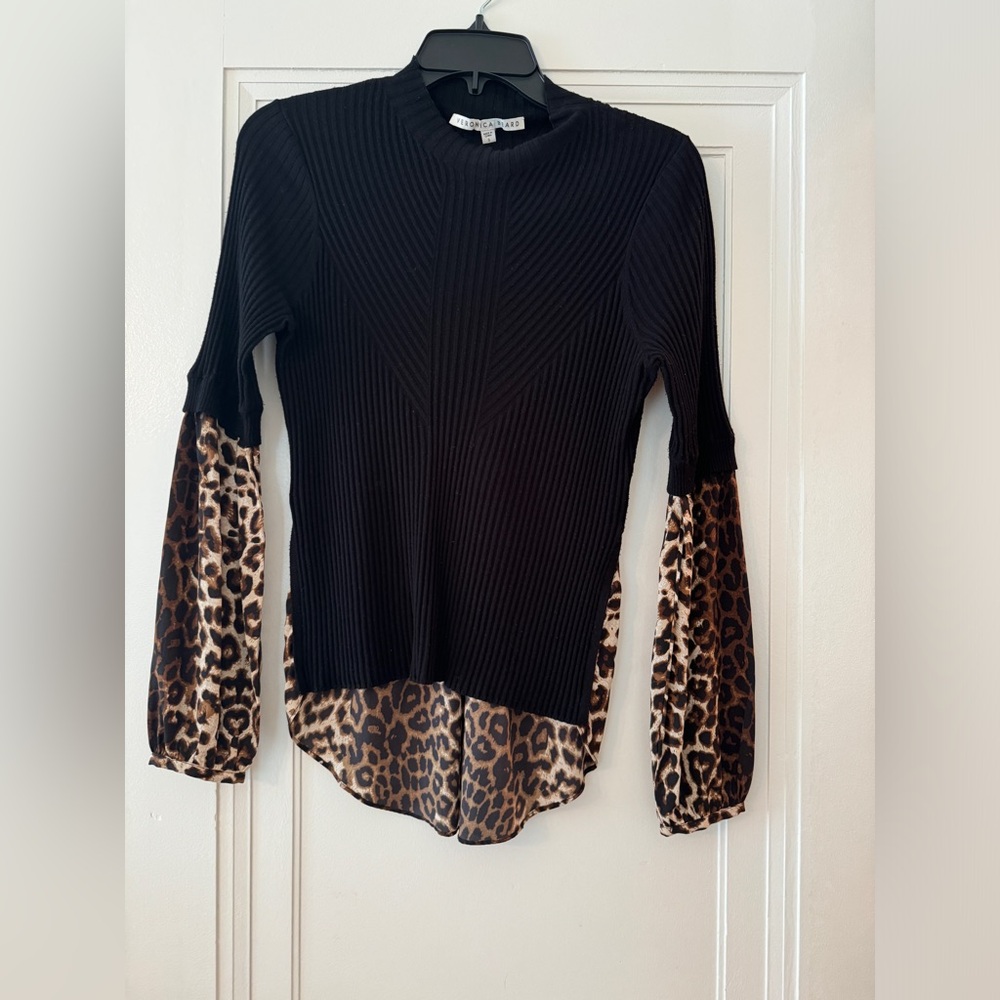 VERONICA BEARD Silk Leopard Combo Moon Sweater Shirt